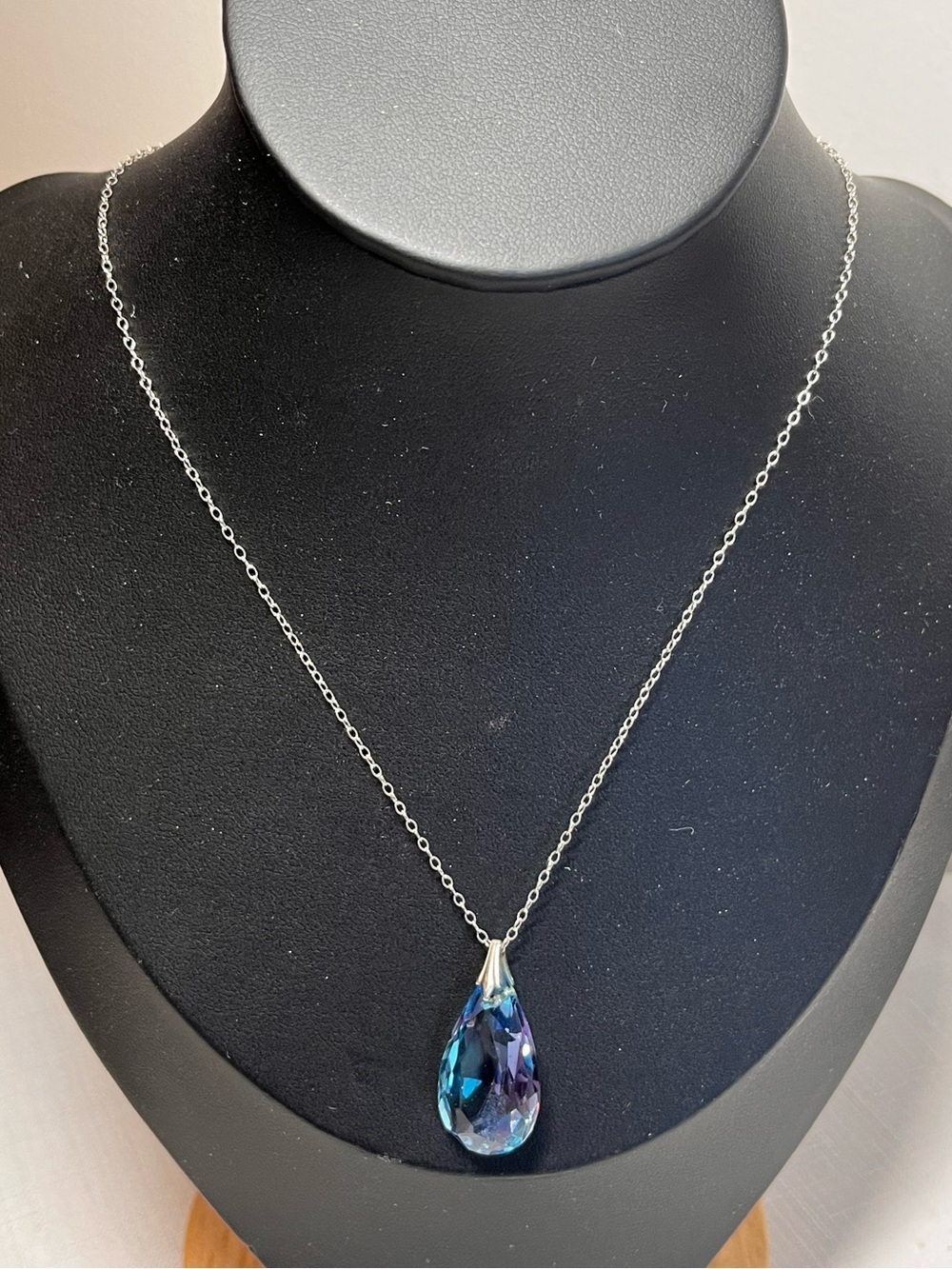 Silver Drop Necklace with Blue Teardrop Crystal. Stamped sterling silver
